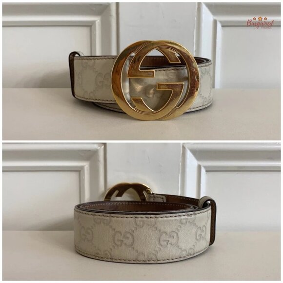 Authentic Gucci Cream Guccissima Leather Gold Interlocking G Buckle Belt 80/32 - Picture 3 of 13